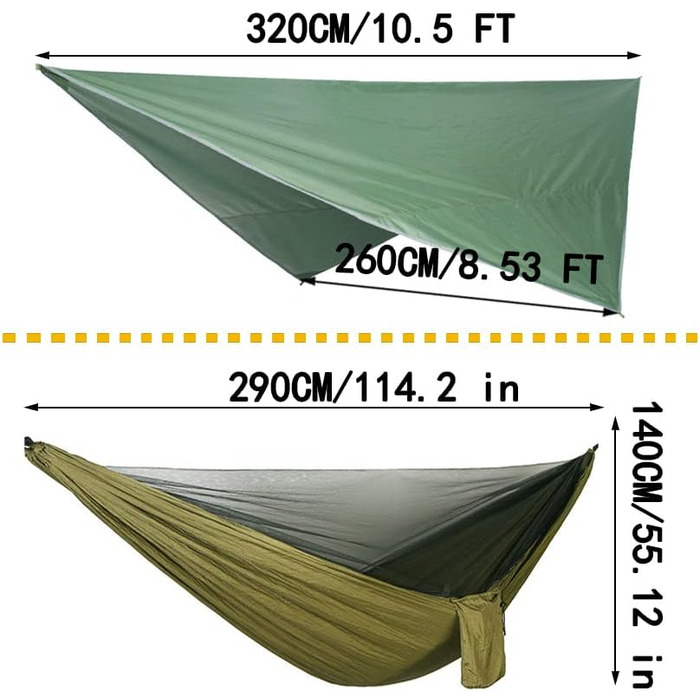 Набір гамаків для кемпінгу: гамак для одного/двох, москітна сітка, тент від дощу, міцний матеріал з парашутного полотна. Підходить для відпочинку на природі, піших прогулянок, кемпінгу та подорожей (зелений)