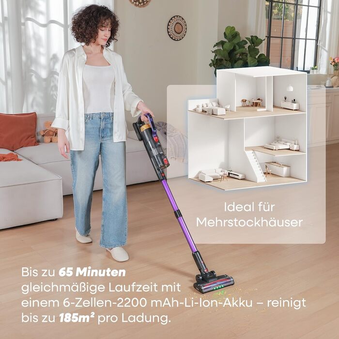 Бездротовий акумуляторний пилосос UNINELL HOME 48000Pa/550W з LED-дисплеєм та антизаплутана насадка. Підходить для килима, твердого покриття та шерсті тварин. Колір: фіолетовий