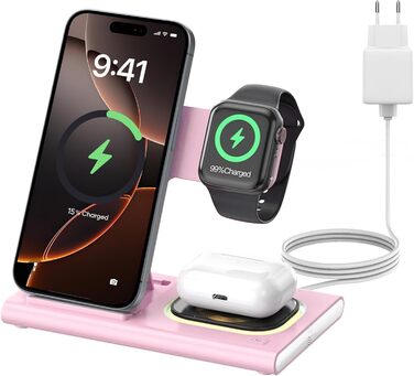 Бездротова зарядка Aimtel 3-в-1 з нічним світлом, сумісна з iPhone 17/17 Pro/17 Pro Max/17 Air та Apple Watch, для AirPods Pro