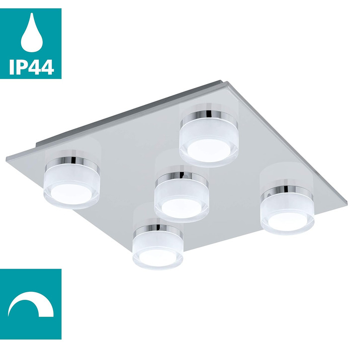 EGLO LED Ceiling Lamp Romendo, 5-Light Ceiling Fixture, Bathroom Dimmer, Bathroom Lamp made of Metal in Chrome, Plastic, LED Damp-Proof Light Warm White, IP44, L x W 32 cm