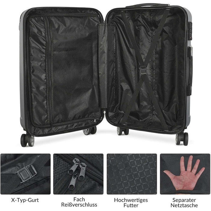 Набір валіз 3 шт., чорний: міцний, легкий, з TSA замком та обертовими колесами 360°
