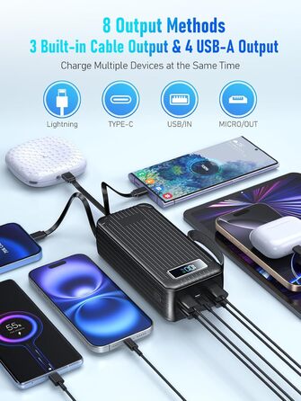 Power Bank 60000 mAh з PD 45W, 6 портів (4 USB-A, 2 Type-C), LED дисплей, вбудовані кабелі, чорний
