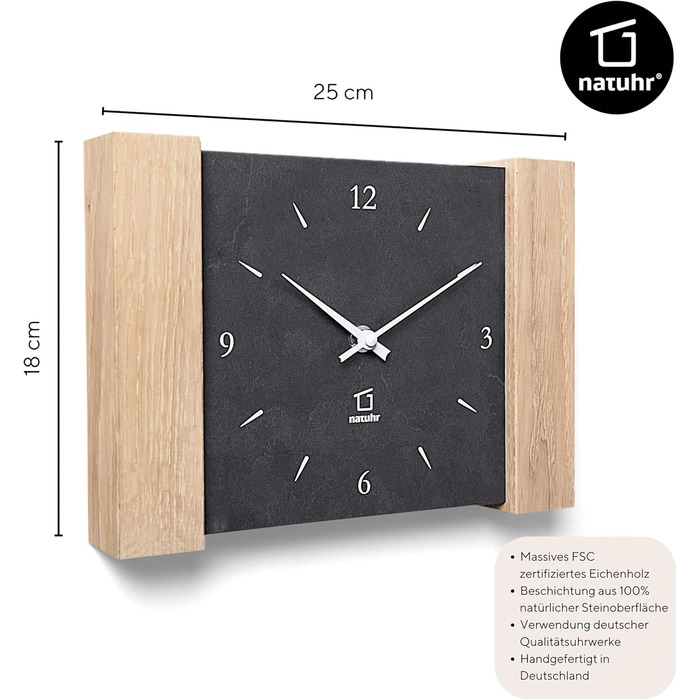 Wall clock, Matterhorn design, wood, oak, light stone, slate (Black/limed oak - radio controlled) (Quartz movement)