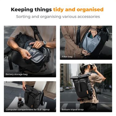 Рюкзак для камери K&F CONCEPT, водонепроникний, великий, з розширеним об'ємом, відділення для ноутбука 15.6 дюймів, для DSLR/SLR камер