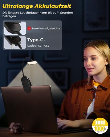 Світлодіодна лампа для читання Bonsery з USB-зарядкою, 16 LED, 3 режими температури кольору та регульована яскравість, гнучка настільна лампа для читання в ліжку, чорна