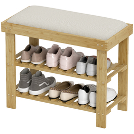 HOMCOM Shoe Cabinet with Seat, Bamboo Bench with Storage, Shoe Rack with 2 Open Compartments, Bench, Bank, Coat Room Bench for Living Room, Hallway, 60 x 29 x 49 cm Cream White | Aosom
