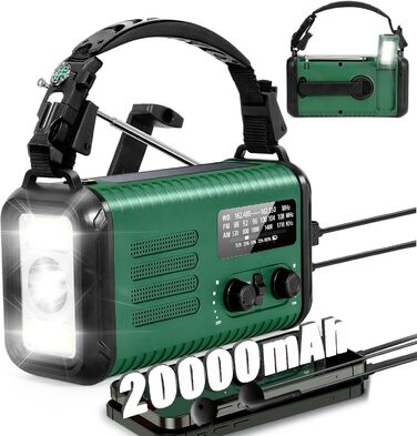 Радіо на сонячній батареї та з ручним генератором, 20000 mAh, AM/FM/NOAA, з живленням від акумулятора, SOS-сигнал, ліхтарик та лампа для читання, для надзвичайних ситуацій, кемпінгу та ураганів