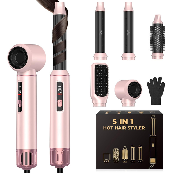 OKWRAP Haarstyler 5 в 1: Airbrush, фен, локони, випрямляч. Набір для створення зачісок (рожевий)