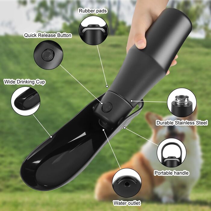 Водяна пляшка для собак на прогулянці - не протікає, з нержавіючої сталі, подвійні стінки, вакуумна ізоляція, 750 мл, чорна