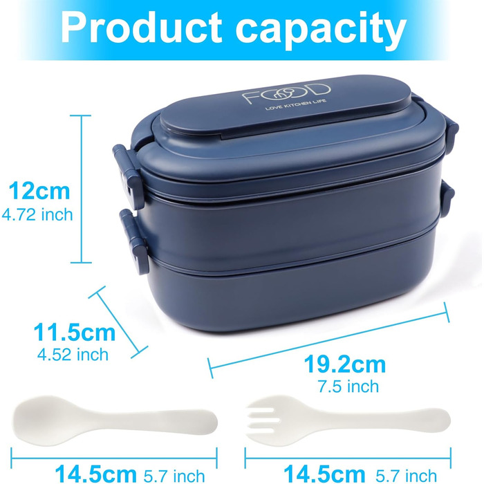 Ланчбокс Brotdose 2-ярусний, 1550 мл, з ложкою та виделкою, BPA Free, для дорослих, блакитний