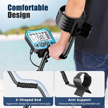 Металодетектор високоточний, регульована довжина 113-141 см, 5 режимів, акумуляторний професійний з LCD-екраном, водонепроникна котушка IP68, для дорослих та дітей, блакитний