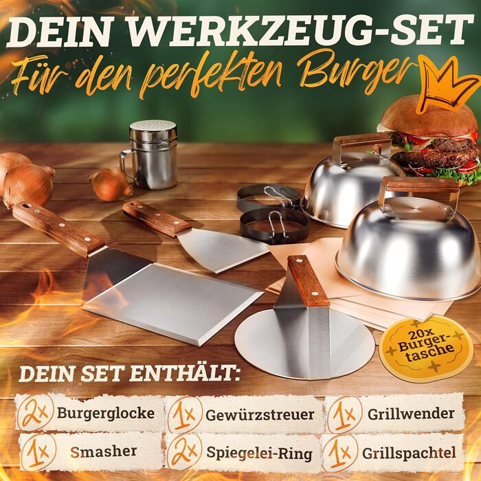 Набір для приготування Smash Burger XXL [9 предметів] з нержавіючої сталі з дерев'яними ручками для Plancha, гриль-плити, газового гриля та вогняної чаші | 1x прес для бургера, 2x формочки для бургера, 1x шпатель для гриля, 1x лопатка для гриля та інше | 