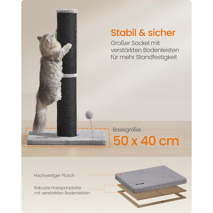 Feandrea Cat Tree, 85 cm (33.5 inches) tall, scratching post, 13 cm (5.1 inches) thick trunk, cat tree, scratching trunk for medium and large cats, sisal trunk, with plush ball and bell, PCA041G01 (ink black)