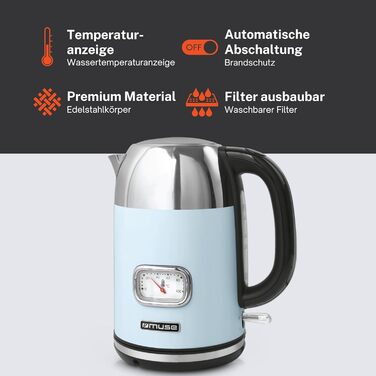 Електричний чайник зі нержавіючої сталі MUSE Retro з аналоговим термометром, фільтром, прозорою шкалою, об'ємом 1,7 л, автоматичним вимкненням, матовим золотим кольором (MS-030 BC), пастельно-блакитний колір