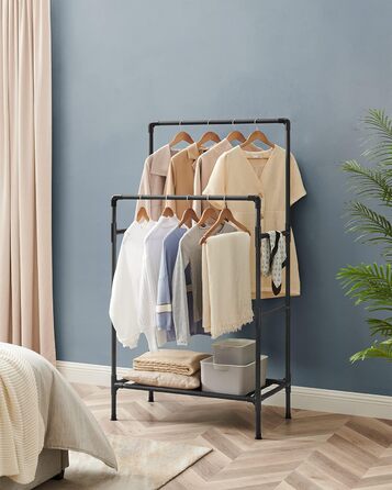SONGMICS Дзеркало-вішалка для одягу металева, біла, з 2 перекладинами та полицею, до 55 кг, проста збірка RDR01WT (Чорний)