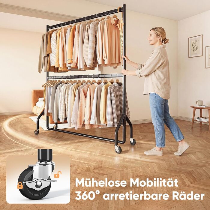 Вішалка для одягу HOKEEPER на коліщатках, подвійна металева, 152x46x220 см