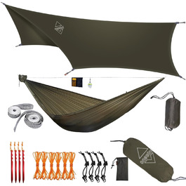 onewind Lightweight Camping Hammock for Backpackers, Portable, Compact, Ideal for Hiking, Camping, and Travel (Od Green-11' With 12' Hexagon Tarp, 11' with 12' Tarp)