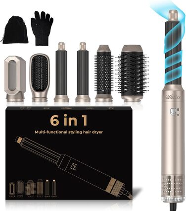 UKLISS Hairstyler 6 в 1 Airbrush: професійний набір для укладки волосся | 1000W | Air Curler, фен-щітка, стайлер для локонів, об'єму та випрямлення | Золотий