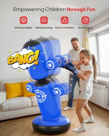 Дитячий боксерський мішок QPAU 360° з рукавичками, насосом та 6 цілями. Надувний боксерський мішок Bop Bag для карате, подарунок для хлопчиків та дівчаток (Блакитний)