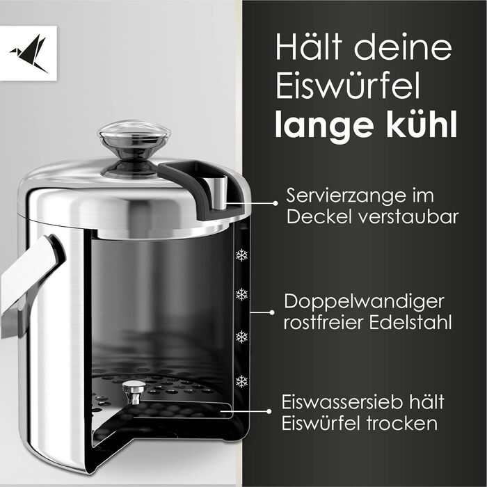 Beyond ice cube containers with lid and tongs 100% BPA free made of stainless steel - ice cube cooler, double-walled, 1.3 liters | Ice bucket for ice cubes, ice container for ice cube storage