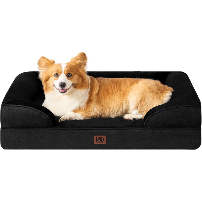 Ортопедичне ліжко для собак великих порід, 91x68 см, з Memory Foam, кошик для собак середніх порід, миється, водонепроникне, неслизьке, диванчик для собак з високим бортиком (104x69x17 см, чорний)