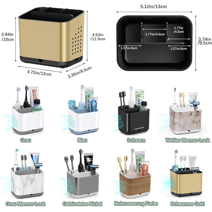 Тримач для зубних щіток електричної та звичайної, дерев'яний, з дренажними отворами, на 4 щітки, для ванної кімнати (Чорне золото, середній)