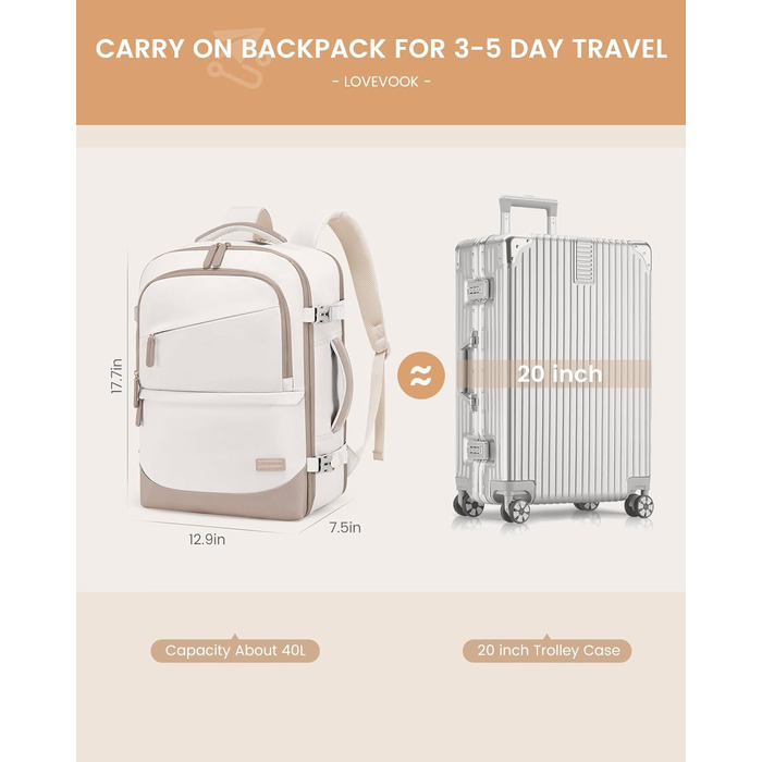 LOVEVOOK Рюкзак для ручної поклажі 40л, для подорожей, з відділенням для ноутбука 17.3 дюймів, з вологостійким відділенням, 45x36x20 см, бежевий/хакі