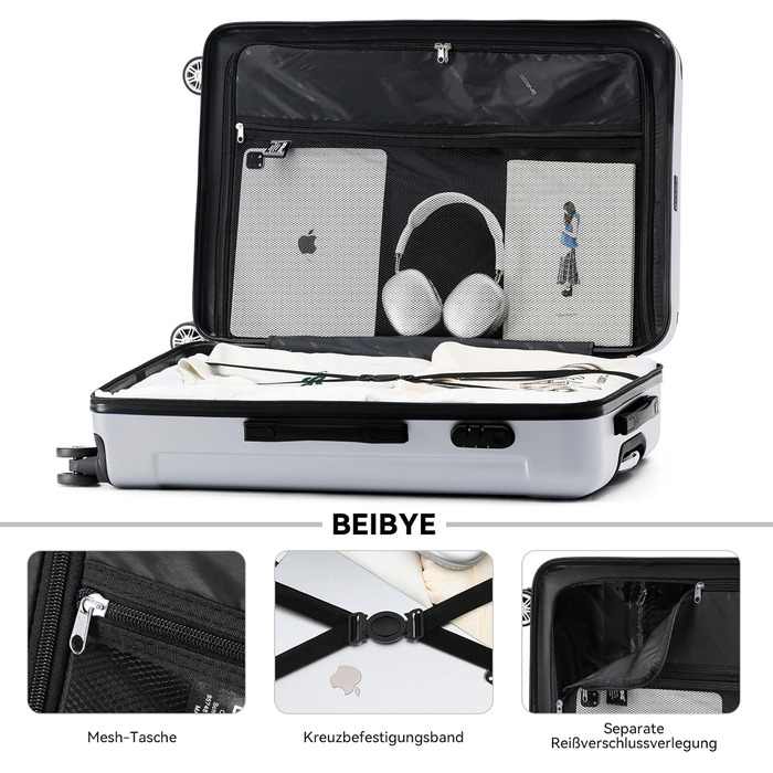 Чохол-валіза Beibye з кодовим замком, 4 колеса, набір валіз (сріблястий) 55/66/76 см