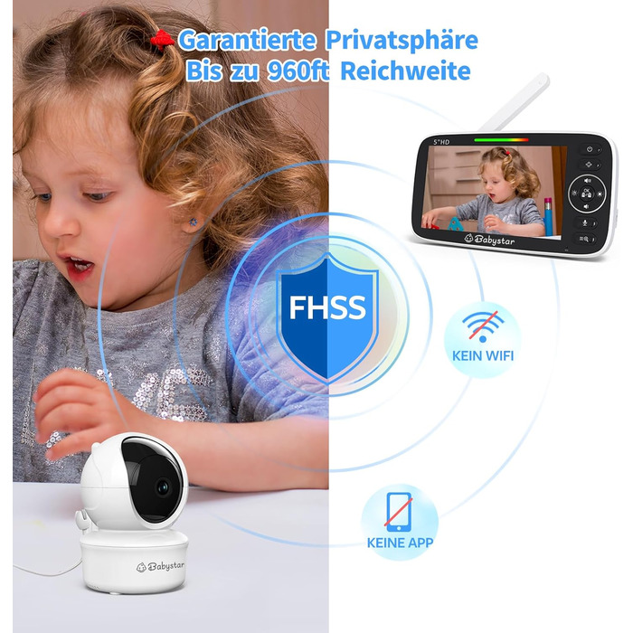 Дитячий відеоняня Babystar з камерою, 5 дюймів, 720P HD, без Wi-Fi, акумулятор 4000 mAh, Vox-функція, датчик температури, нічне бачення, 2-сторонній аудіо