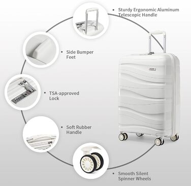 Набір валіз KONO 2 шт: ручна валіза-тележка 56 см + косметичка з поліпропілену, жорсткий корпус, 4 колеса, TSA-замок (кремово-білий)