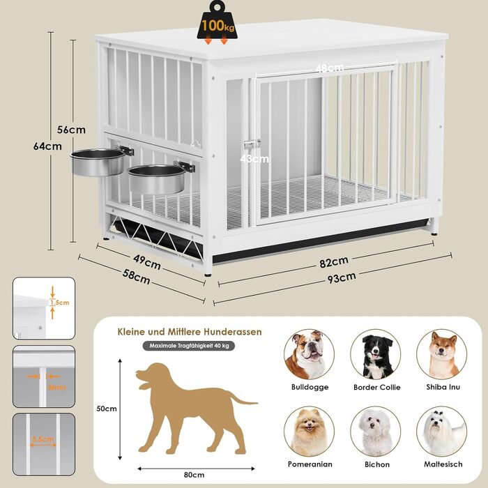 Клітка для собак для дому, дерев'яна собача будка 93x64x58 см, біла. Знімний піддон, 2 годівниці, двері. Для собак середніх та маленьких порід до 40 кг