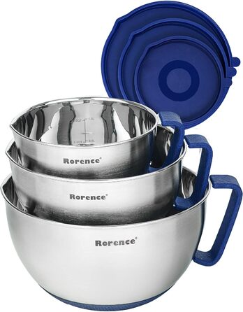 Rorence Stainless Steel Mixing Bowls with Pour Spout, Handle, and Lid, 3-Piece Set, Blue