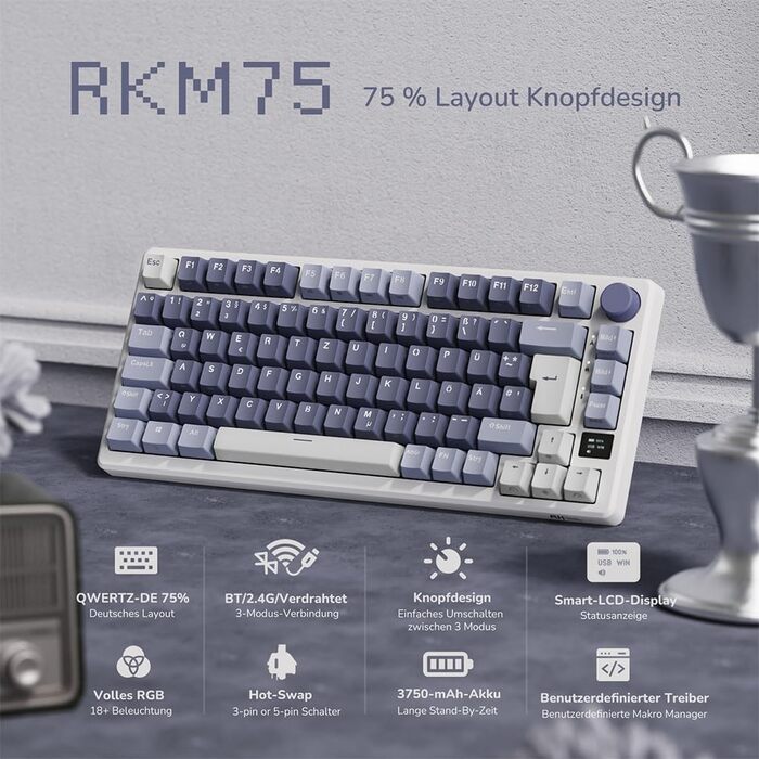 Ігрова клавіатура RK ROYAL KLUDGE M75: бездротова, механічна, RGB, 75% TKL, OLED-дисплей, Hot-Swappable, QWERTZ, червоний перемикач, лавандово-фіолетовий колір