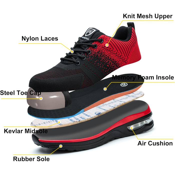 Черевики робочі чоловічі/жіночі, захисні, спортивні, з металевим носком, неслизькі, дихаючі (46 EU, Червоний)