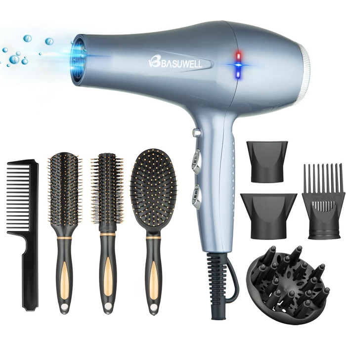 Фен Basuwell Ionen Pro 2100W з дифузором: 3 режими, 2 швидкості, інфрачервовий, AC-двигун (срібний)