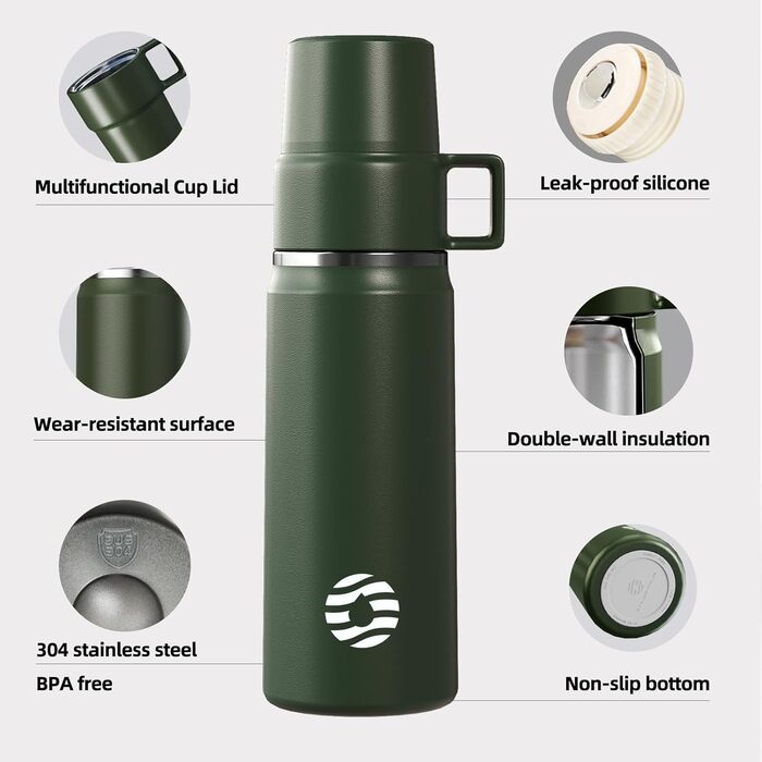 Термокружка-термос 850 мл з чашкою, нержавіюча сталь, з ізоляцією, для напоїв, 12 годин теплий/24 години холодний, без BPA, для відпочинку на природі, кемпінгу (зелений)