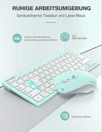 Бездротова клавіатура та миша TECKNET QWERTZ, 2.4 GHz, 15м, тиха, для ПК, ноутбука, Smart TV, білий (зелений)