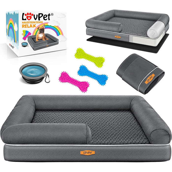 Orthopedic Dog Bed, Dog Cushion, Dog Basket Relax, Incl. Bowl + 3X Chew Bones, Dog Sofa for Small, Medium & Large Dogs, Removable and Washable Cover, 91x71x22cm Anthracite