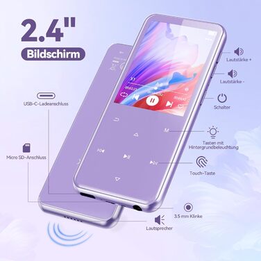 MP3 плеєр AGPTEK 64GB з Bluetooth 5.3, TFT-дисплеєм, FM-радіо та підтримкою до 128GB, фіолетовий