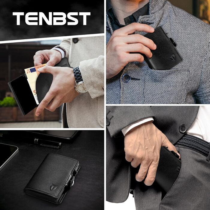 Чоловічий гаманець TENBST: тонкий, з RFID-захистом, з відділенням для монет, з натуральної шкіри, чорний