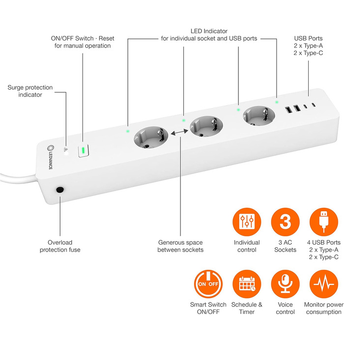 LEDVANCE Розумна мережева розетка з Wi-Fi, 3 розетки з USB, захист від перевантаження та стрибків напруги, керування через додаток, Alexa та Google, для дому
