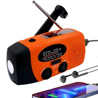 Радіо на сонячній батареї з ручним заводом 2000mAh, AM/FM/NOAA, зарядний пристрій для телефону з SOS, ліхтарик LED 1W, вихід для навушників, портативний Power Bank для надзвичайних ситуацій оранжевого кольору