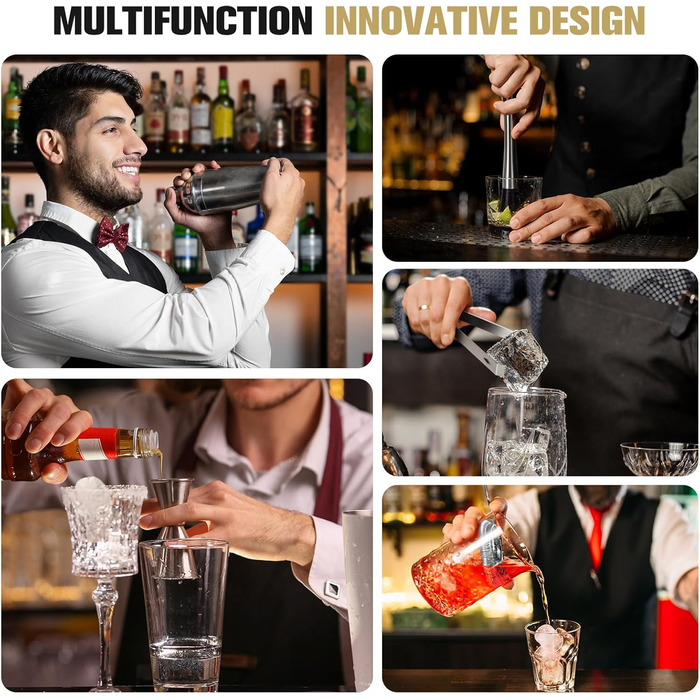 Набір шейкер для коктейлів зі стійкою, 750 мл, 20 предметів, нержавіюча сталь, професійний барменський набір, 4 силіконових підкладки, подарунок для чоловіків, жінок, друзів