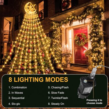 Гірлянда для ялинки 3,5м, 346 LED, 9 струмків, зірка-верхівка, 8 режимів, вологостійка, тепле біле світло