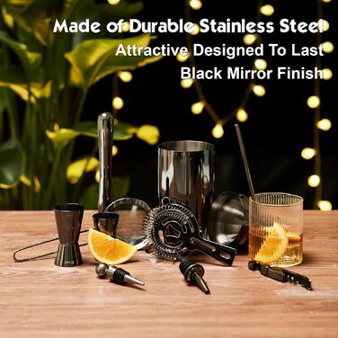 Набір для коктейлів 21 предмет | Набір шейкерів для коктейлів з обертовим підставкою | Шейкер з міцної нержавіючої сталі з аксесуарами | У комплекті стильна чорна подарункова коробка | Барний набір (Чорний)