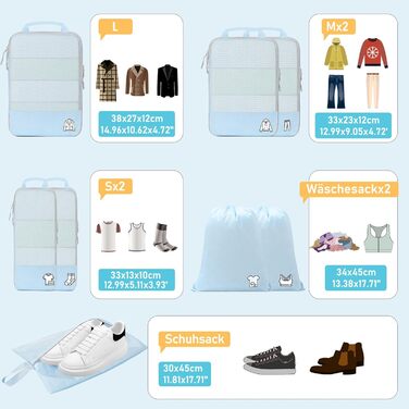 Набір з 8 компресійних органайзерів для валізи, чорний/блакитний