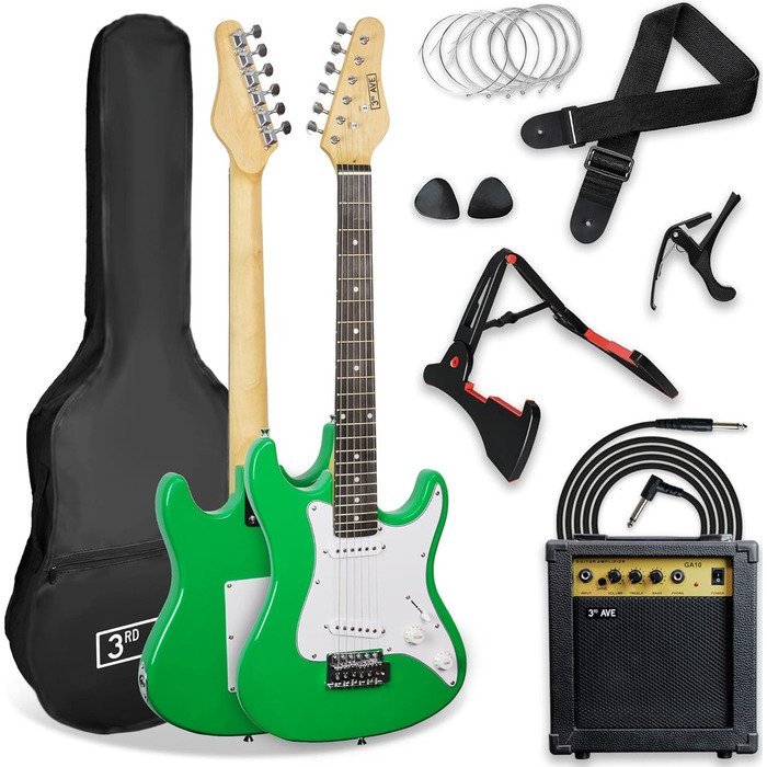 Електрогітара 3/4 розміру 3rd Avenue XF Ultimate Kit з підсилювачем 10W, тюнером, кабелем, стійкою, чохлом, ремінком, запасними струнами, медіаторами, каподастром – набір для початківців (зелений)