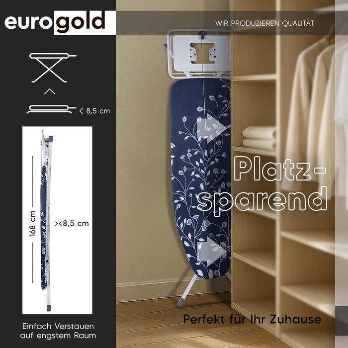 Прасувальна дошка EUROGOLD® XXL 120x42 см з розеткою для парогенератора (Made in Europe) - стабільна, регульована по висоті (BLAU, сірий)