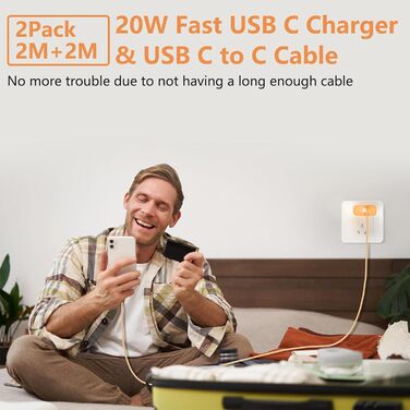 2x USB-C зарядний пристрій 20W + кабель USB-C 2м для iPhone 17/16/15, iPad Pro/Air - Помаранчевий