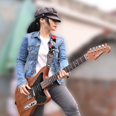 Гітарний ремінь Rayzm з бавовни для акустичної, електрогітари та бас-гітари з кишенькою для медіатора, рожевий принт, ширина 5 см, регульована довжина